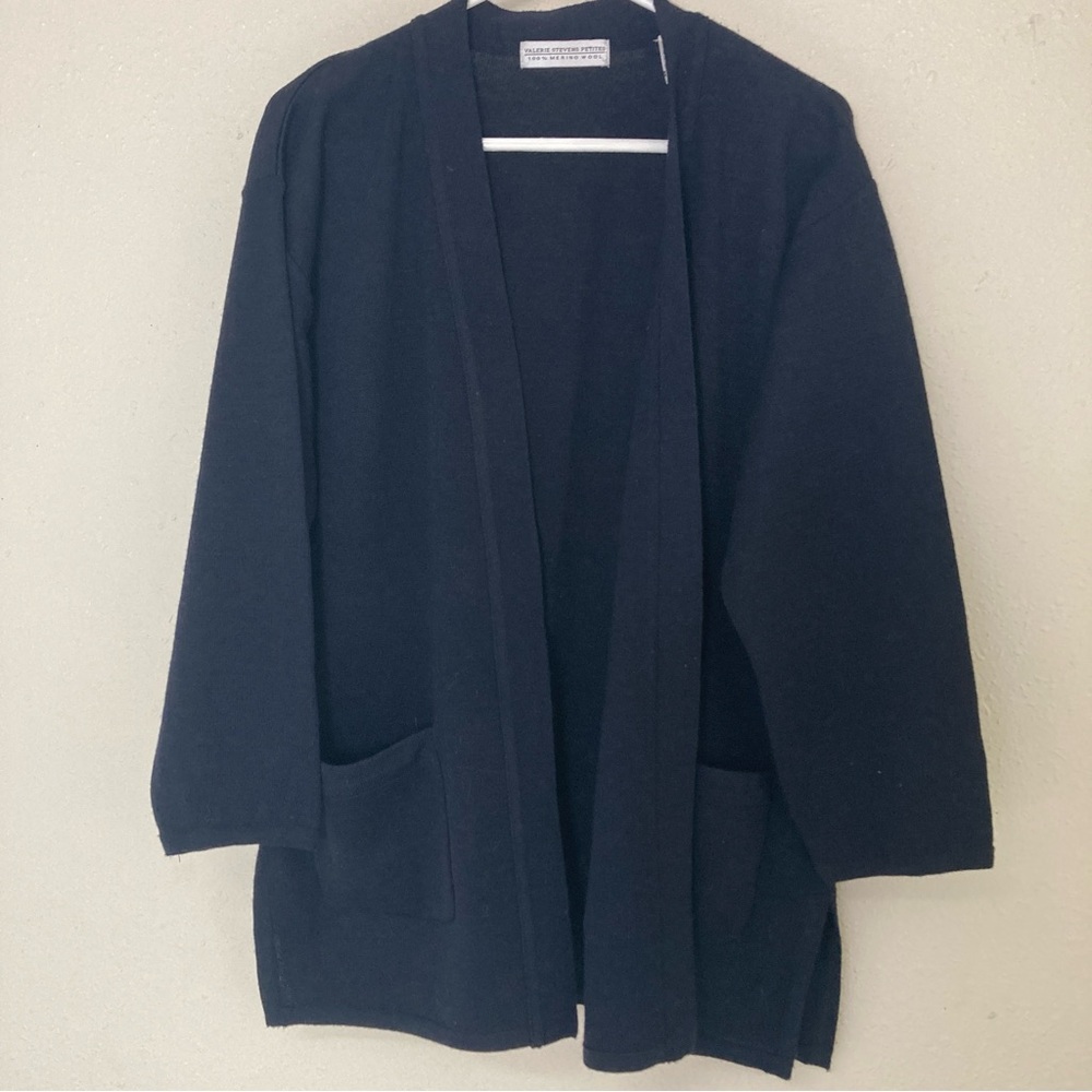 Valerie Stevens PetitesnOpen Front Cardigan Sweater Jacket Black Merino Wool